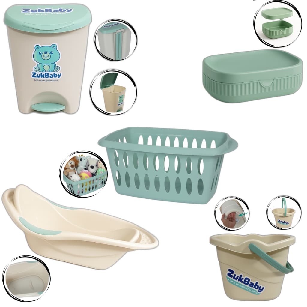 Kit Para Banho Quarto Bebê Baby Menino Menina Banheira Saboneteira Cesto Baldinho E Lixeira Verde