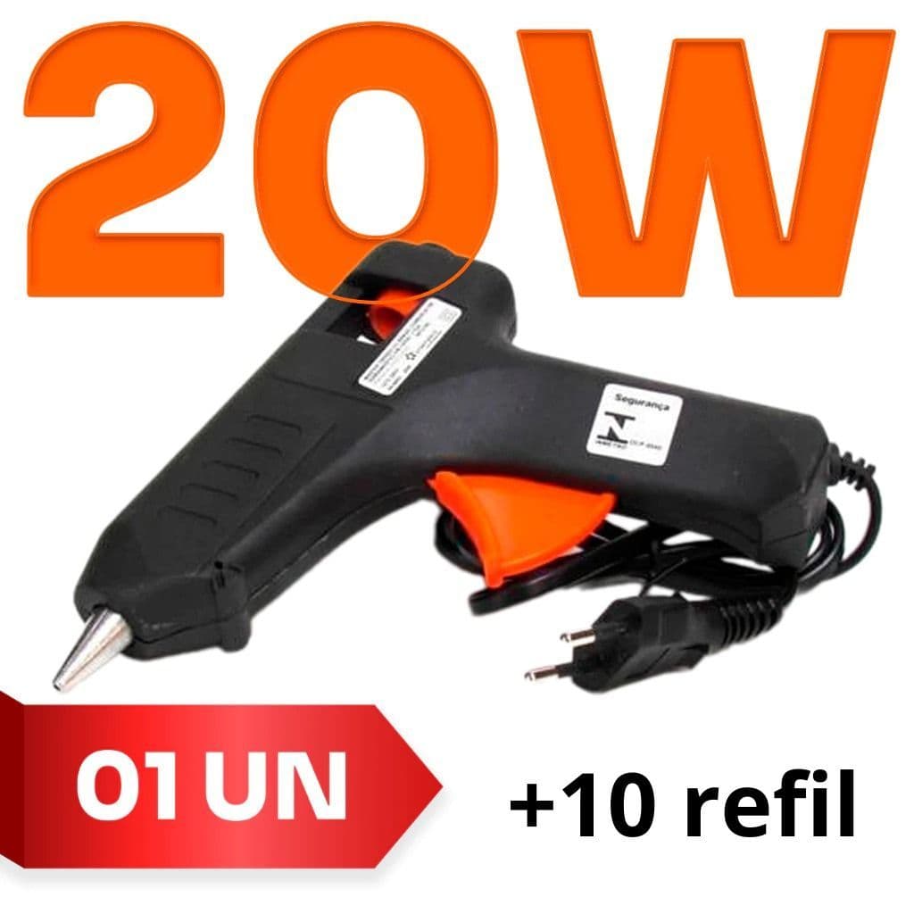 Pistola de Cola Quente Profissional 20w 127-220V Bivolt Inmetro + 10 bastões refil