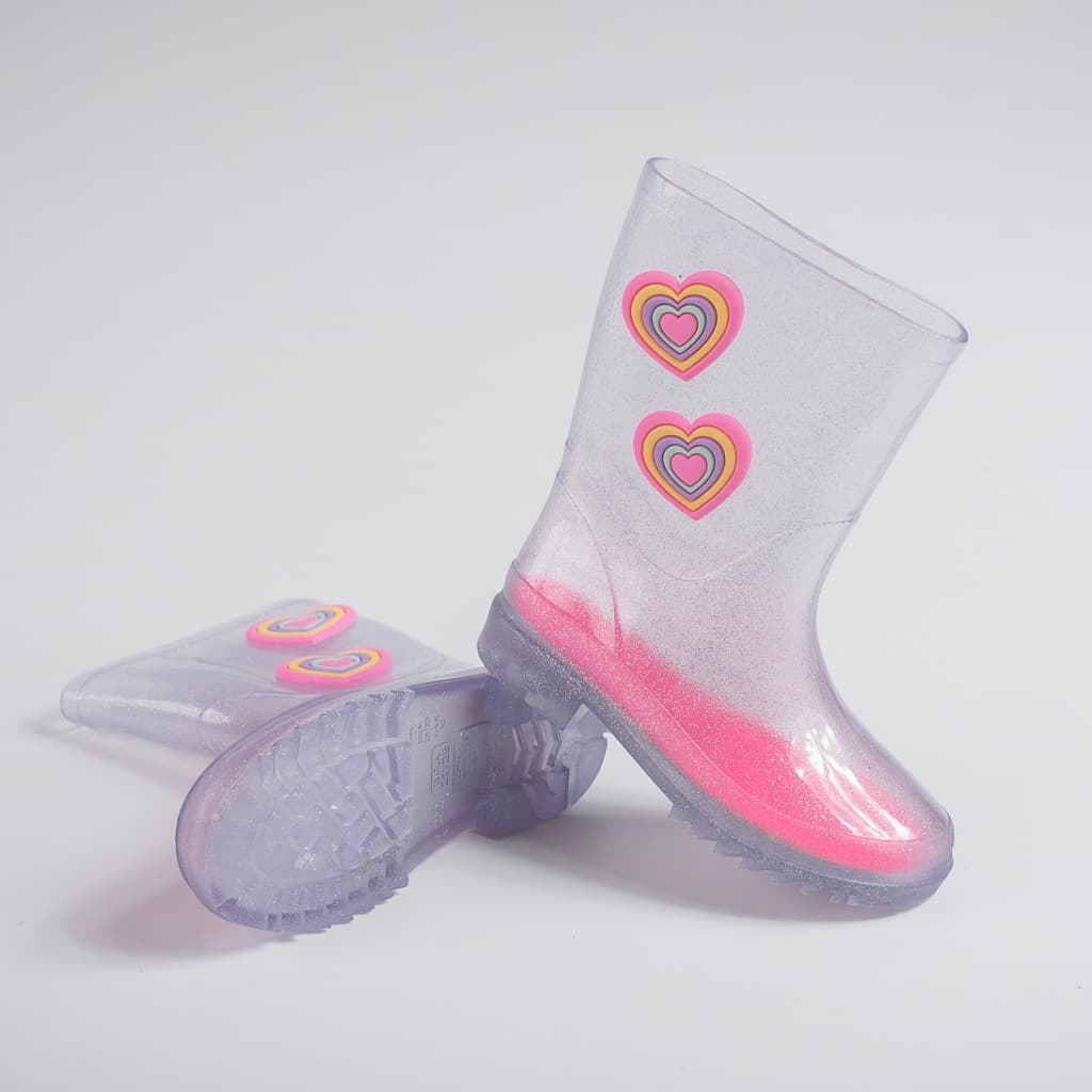 Bota Galocha Infantil Menina Rosa Botinha Dia das Crianças Detalhe Coração Brilho Calce Fácil