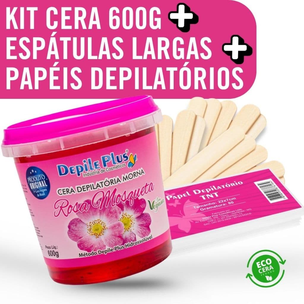 Kit Cera Depilatoria Hidrossoluvel 600g + Espátula Larga 15 Unidades + Papel Depilatorio 20 Unidades