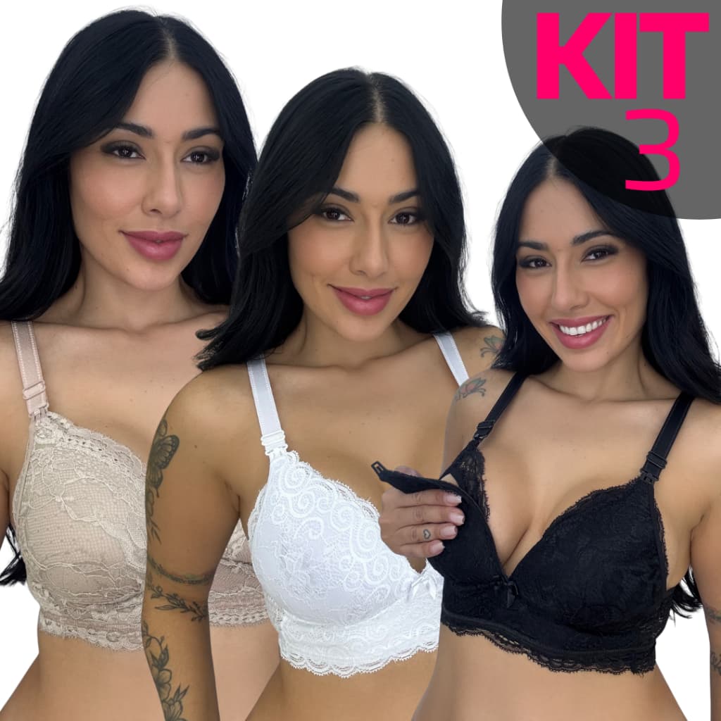 KIT 3 Sutiã Amamentação Com Bojo Soft Molinho Não Amassa Reforçado Fecho Largo Renda Gestante Pós Parto Gestação