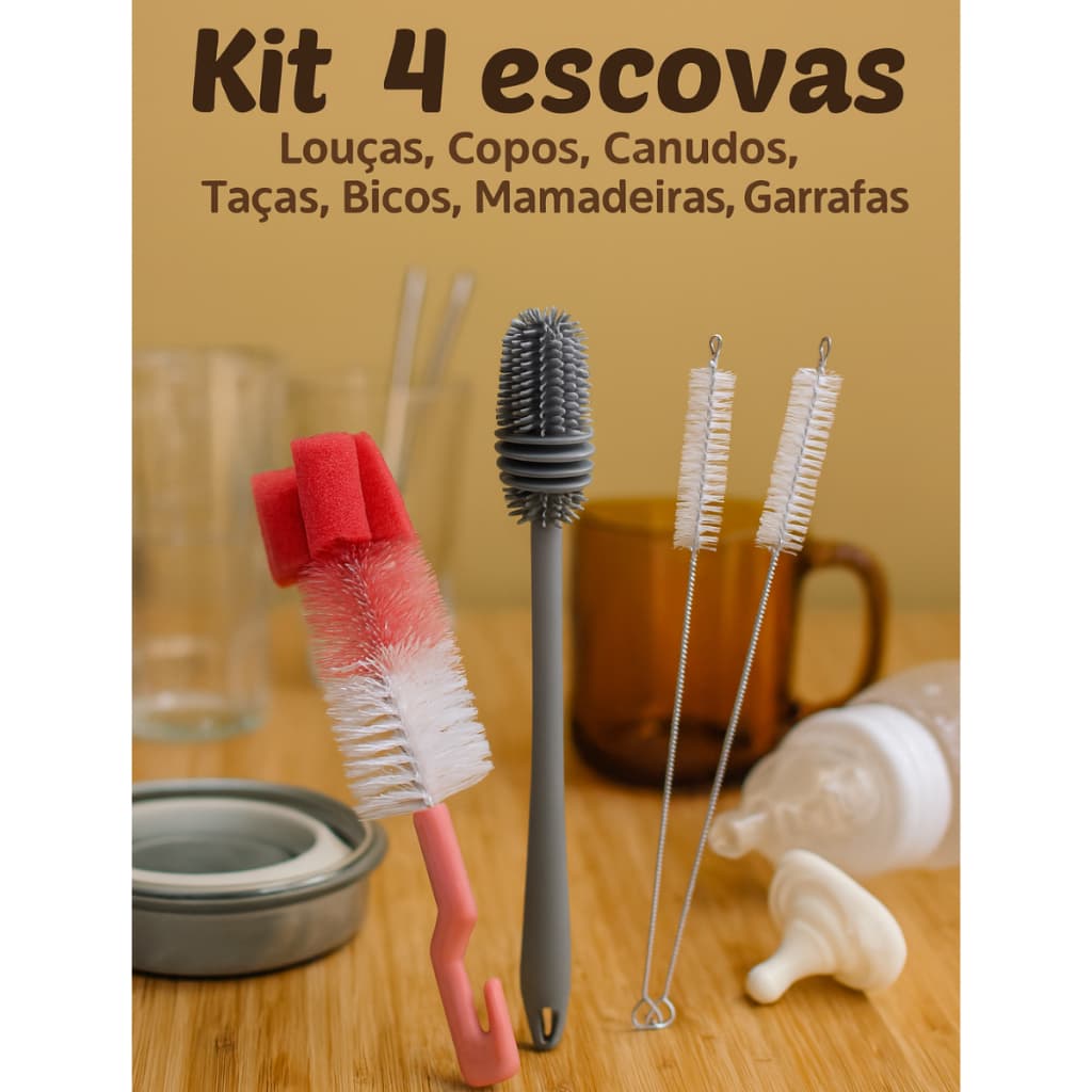 Kit Escovas Limpeza 4 em 1 Silicone e Nylon p/ Copos, Mamadeiras, Canudos e Garrafas - Tender Trove