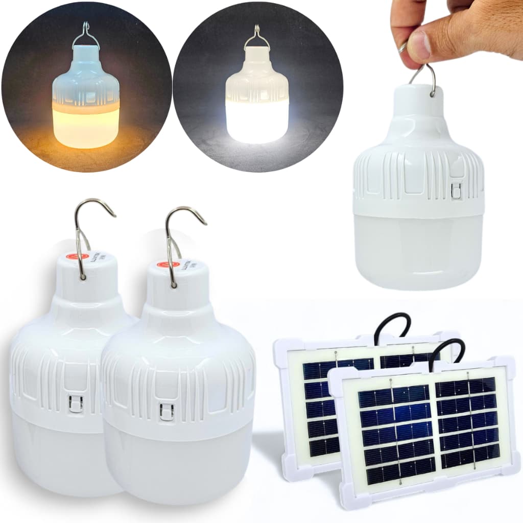 Kit 2 Lâmpada Solar Camping Lampião Led Potente Recarregável Barraca Lamparina Luz de Emergência Portátil