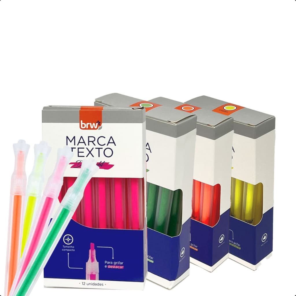 Kit 4 Marca Texto Dashlight 12un Fluorescente Rosa Verde Laranja Amarelo Transparentes BRW