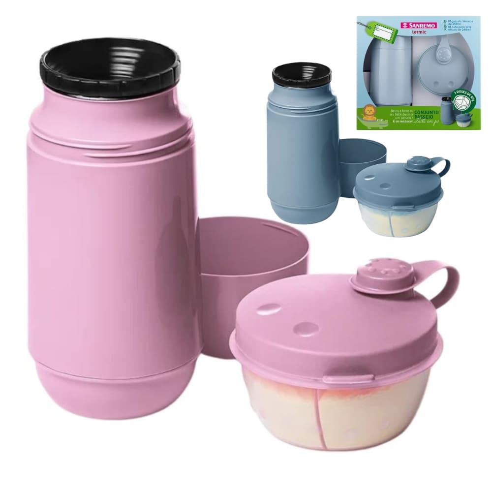 Conjunto Passeio Garrafa Térmica Infantil 250ml + Pote para Leite em Pó Sanremo Rosa / Azul