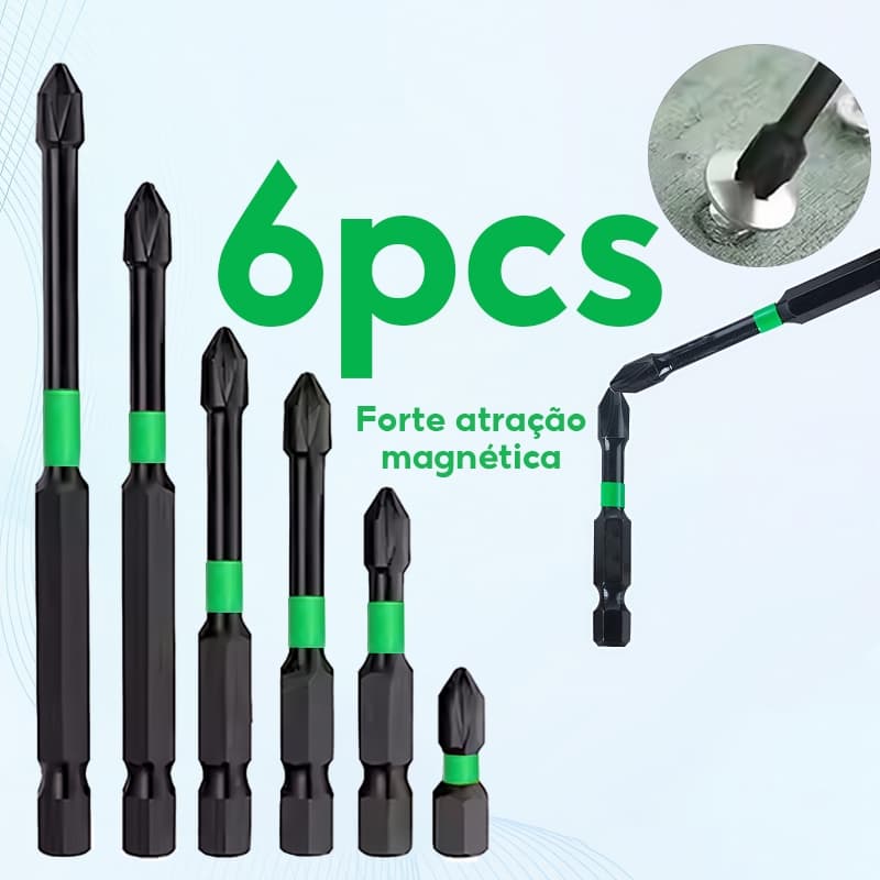 Bits Phillips PH2 Magnético Anti-Impacto - Jogo 6 Peças (25-150mm) em Aço S2 Anti Derrapante com Sextavado 1/4