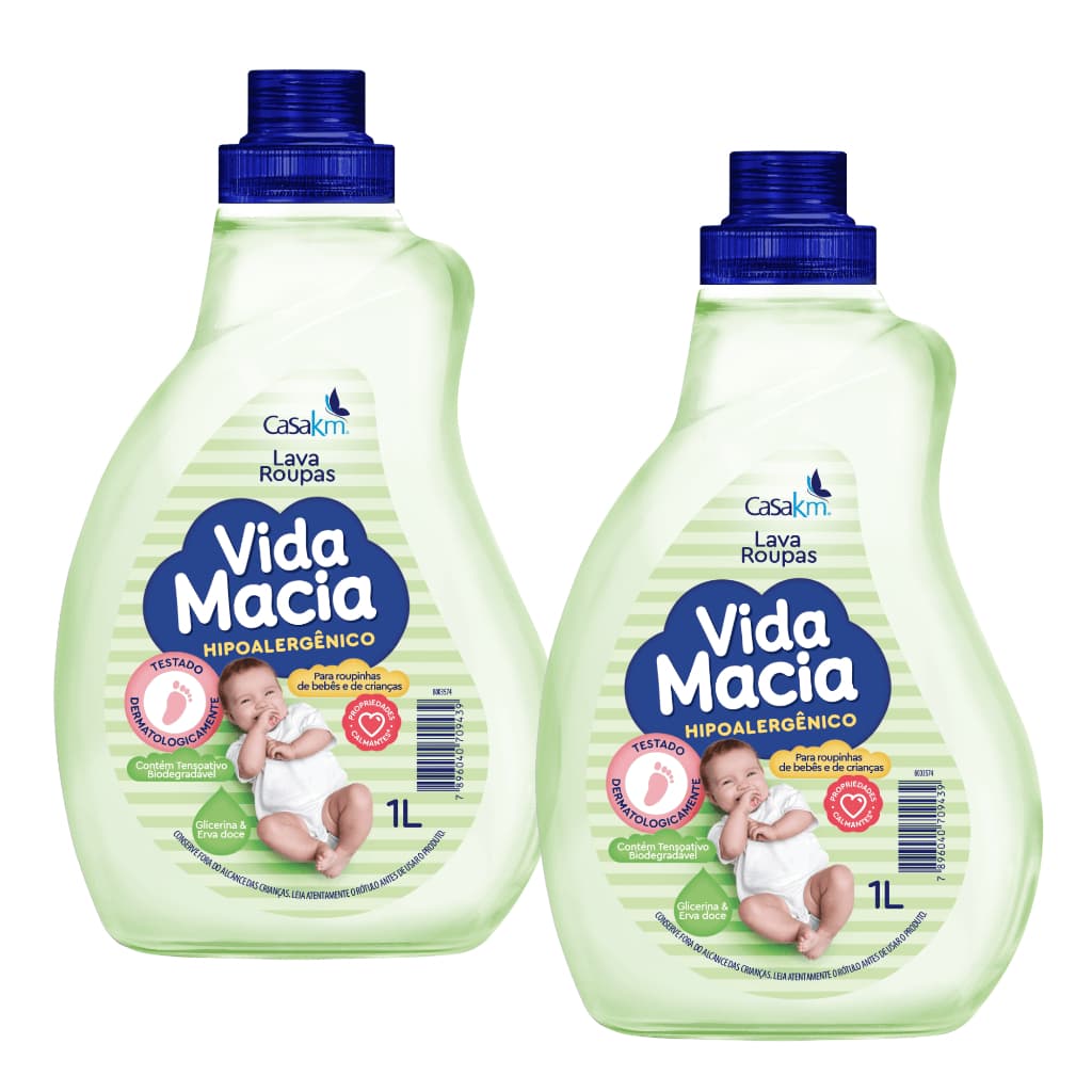 KIT 02 UND Lava Roupas Vida Macia Glicerina & Erva Doce 1 Litro Hipoalergênico Sabão Bebê Crianças