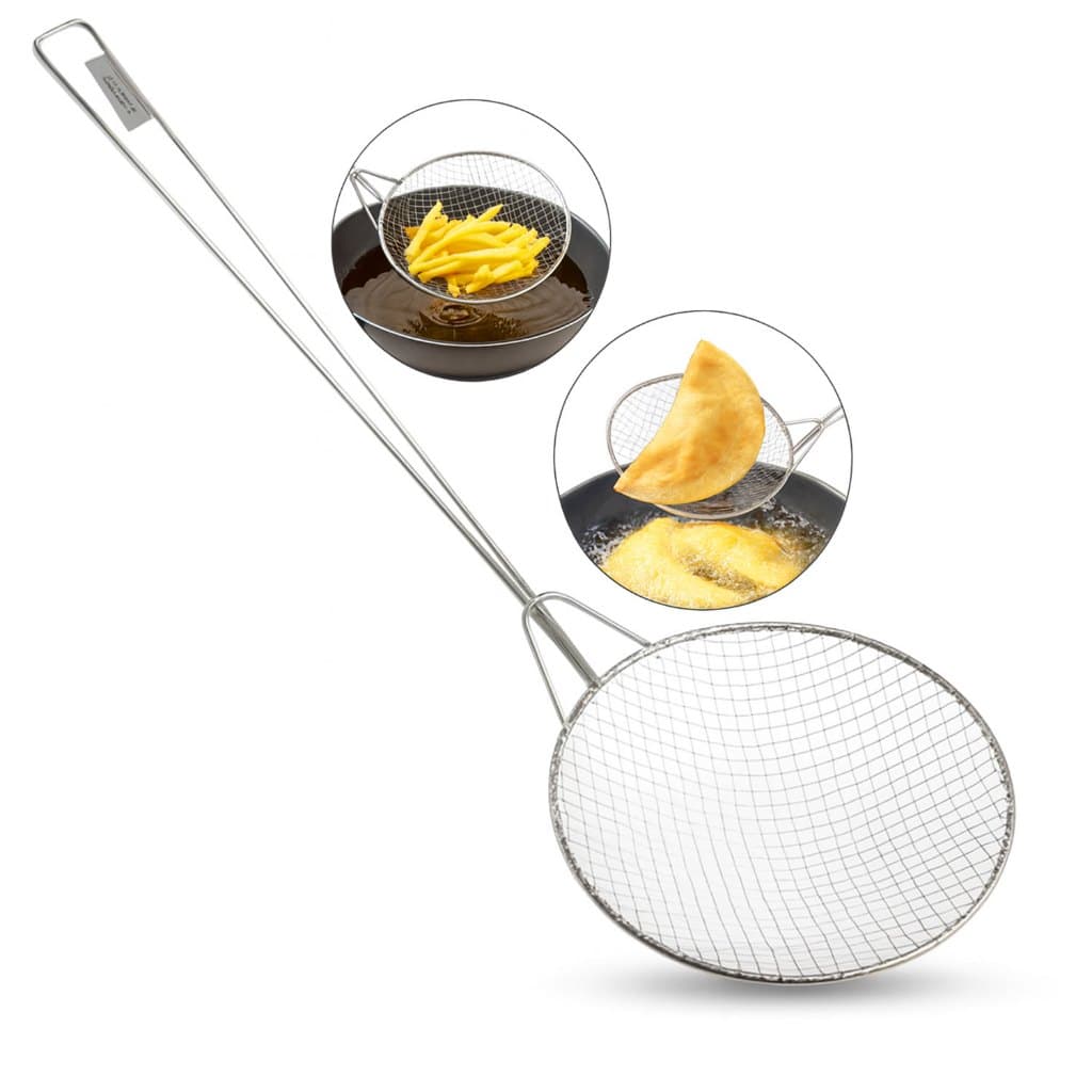 Escumadeira Para Fritura Cabo Longo Rede Com Diâmetro 18cm Pastel Batata Coxinha