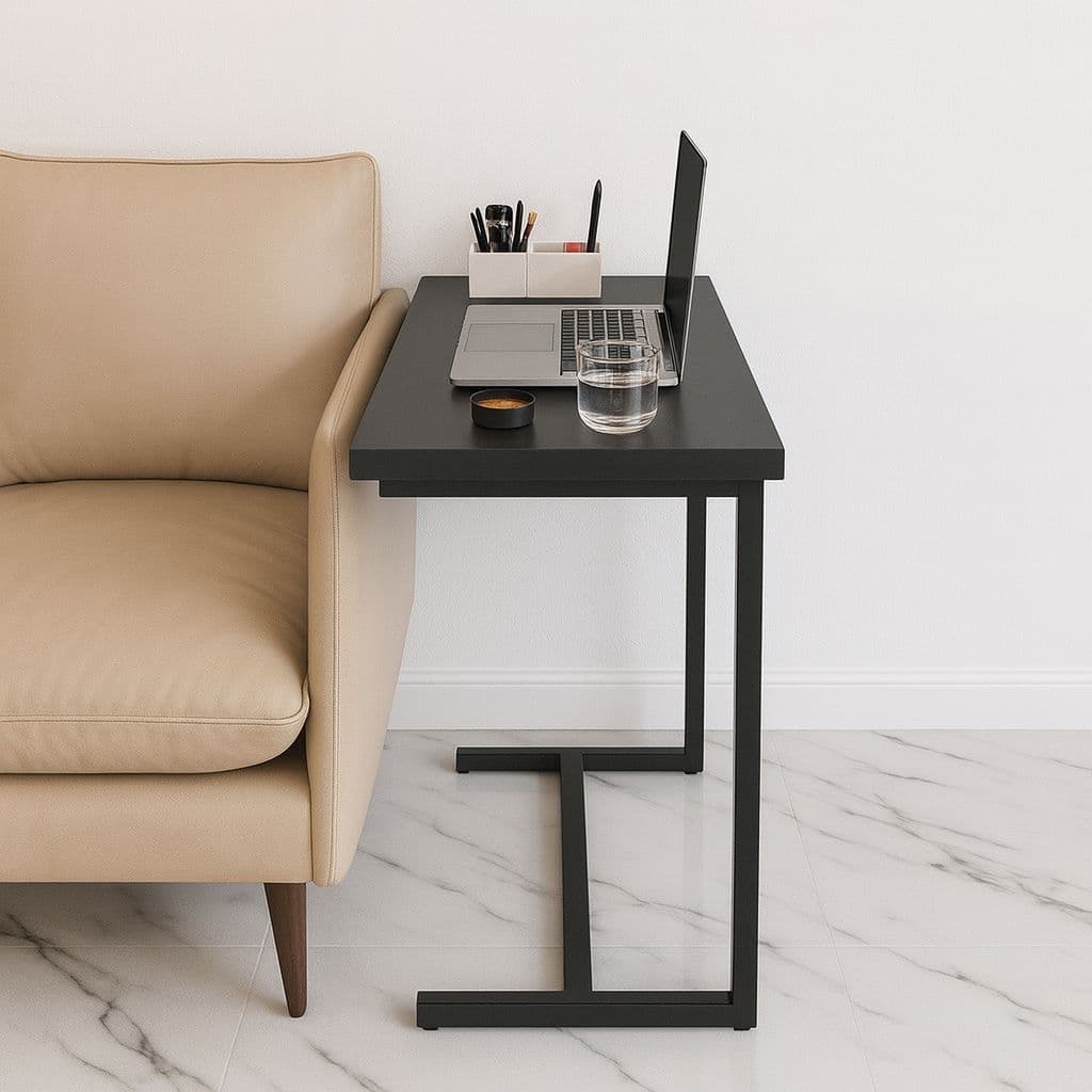 Mesa apoio e suporte lateral notebook cama sofa em aço tampo madeira Preta e Mel