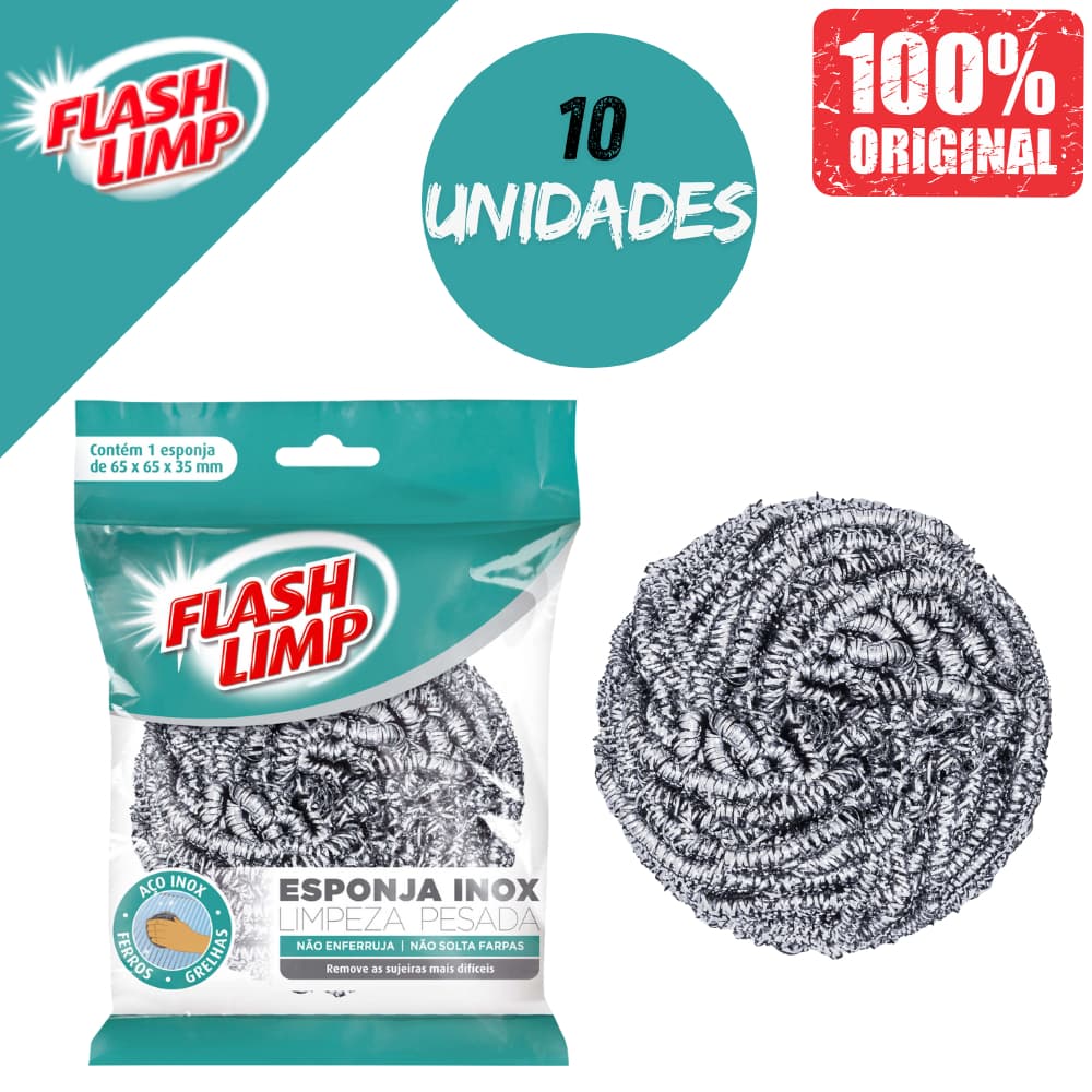 KIT COM 10 ESPONJAS LIMPEZA PESADA INOX FLASH LIMP
