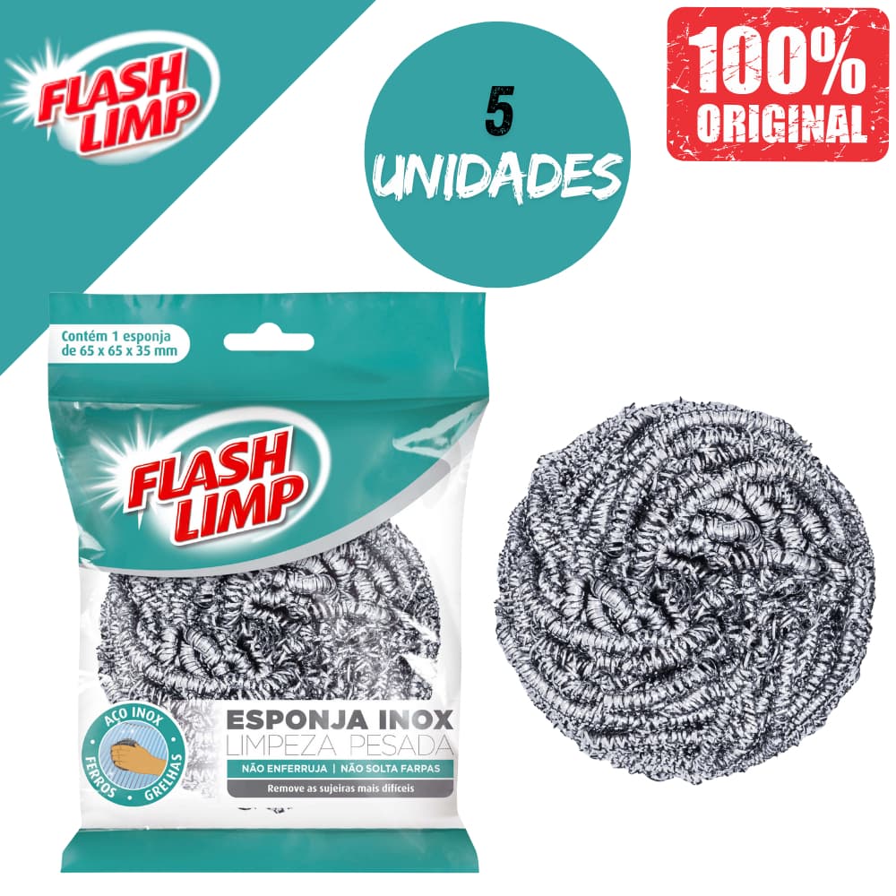 KIT COM 5 ESPONJAS LIMPEZA PESADA INOX FLASH LIMP