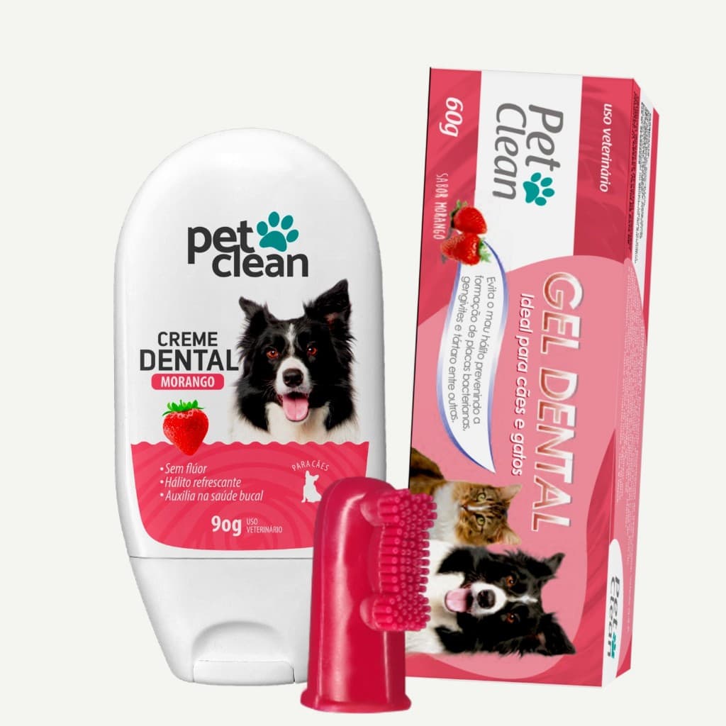 Kit Creme Dental + Escova Dedeira + Gel Bucal para Cães Gato Pet Clean