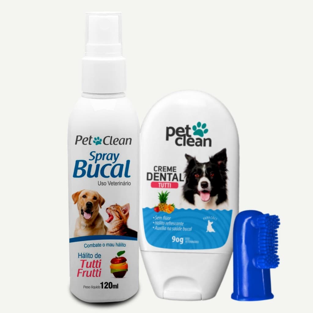 Kit Higiene Bucal Cachorro e Gato Spray Bucal, Creme Dental, Escova Silicone Menta Tutti Morango