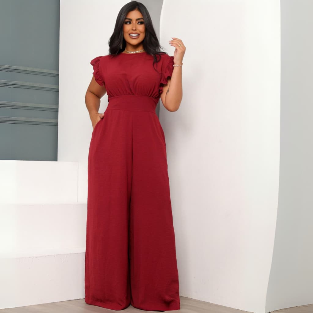 Macacão feminino gola redonda com ajuste nas costas manga curta com elástico na cintura