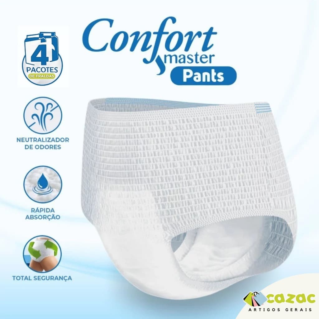 Kit Até 6 Pacotes Fralda Geriátrica Calcinha/Cueca Descartável Confort Master Pants 16 Unidades P/M/G/EG