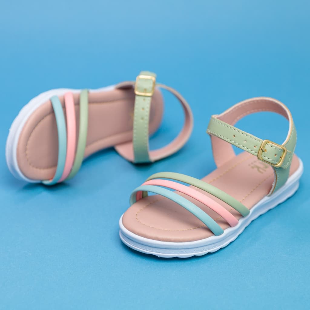 Sandália Infantil Menina Rasteira com Tiras Coloridas Fivela Ajustável Dia das Crianças 20 ao 36