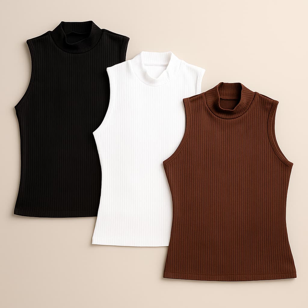 Kit 3 Blusas Regata Feminina Gola Alta Canelada Premium