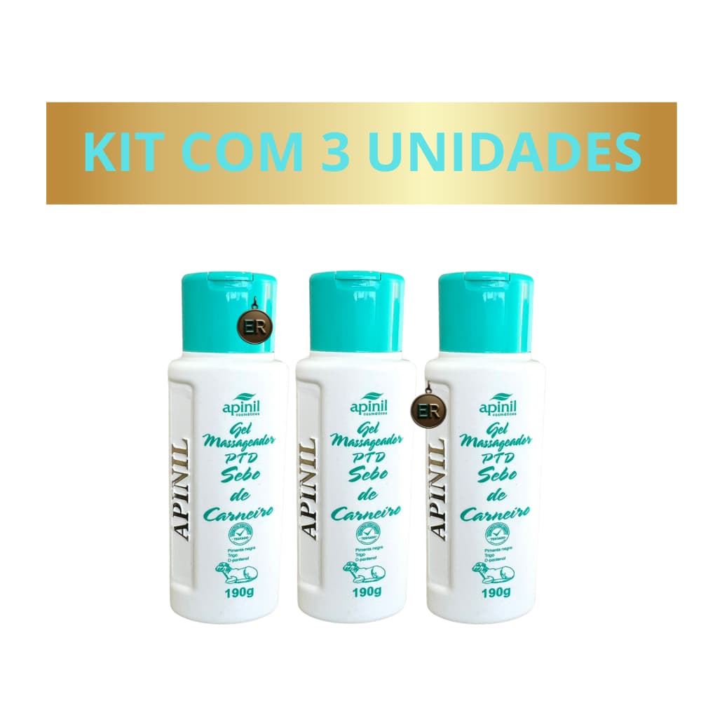 Kit com 3 Unidades Gel Massageador PTD Com Sebo de Carneiro Apinil 200g