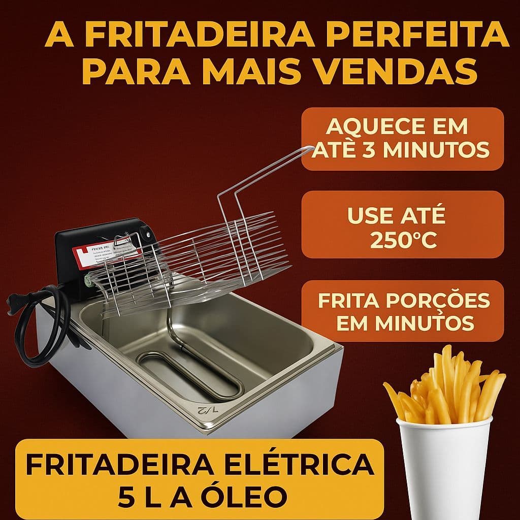 Fritadeira Elétrica 5 Litros 1 Cuba Profissional Aço Inox 110V 220V