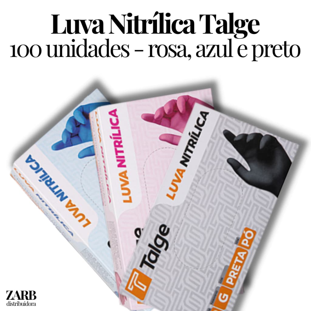 Luva Descartável Nitrílica Talge Sem Pó - Azul, Rosa e Preta | Tamanhos P, M e G