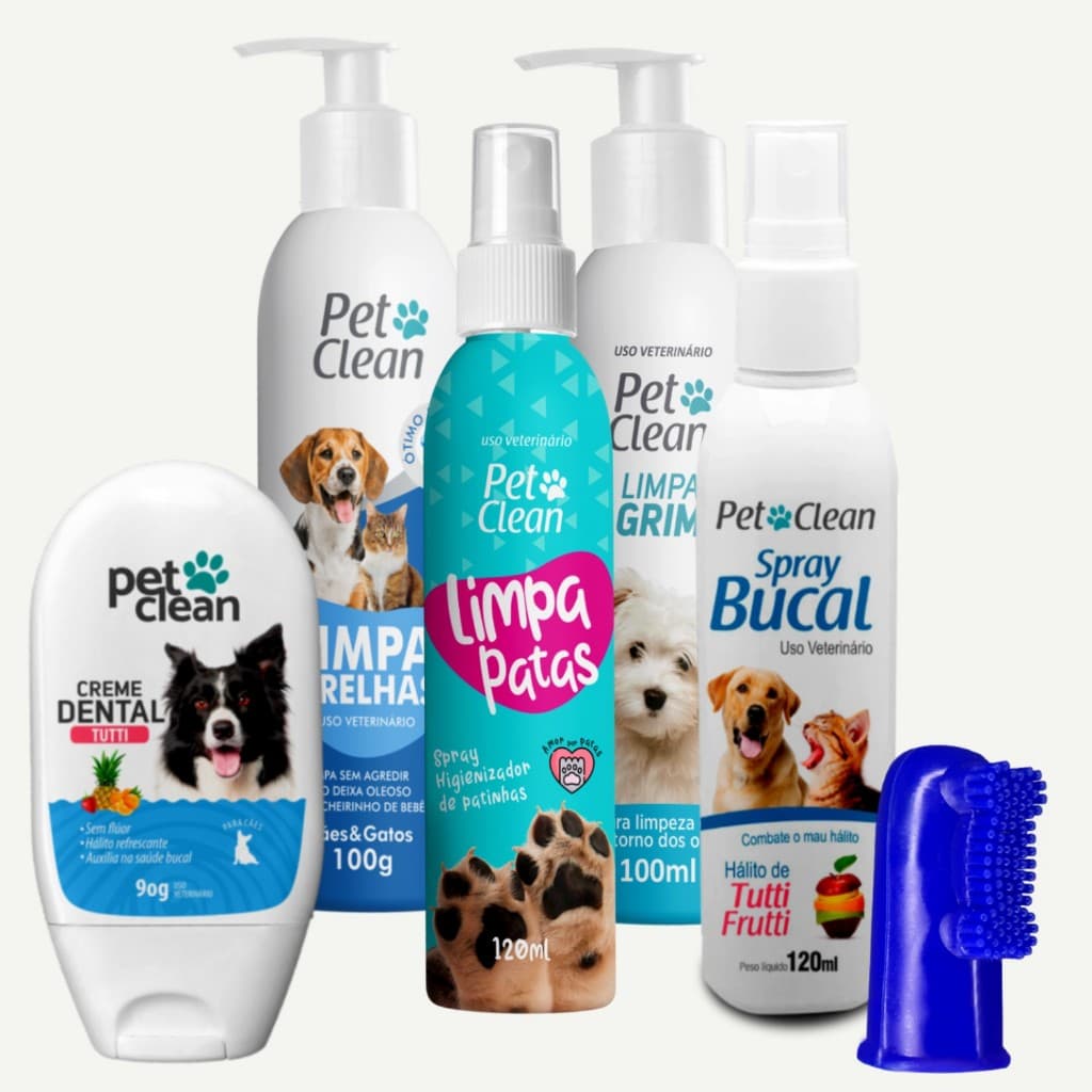 Kit Limpador de Orelha Limpa Lagrima, Limpa Pata, Creme Dental, Spray Bucal, Escova Dente Para Cachorro E Gato