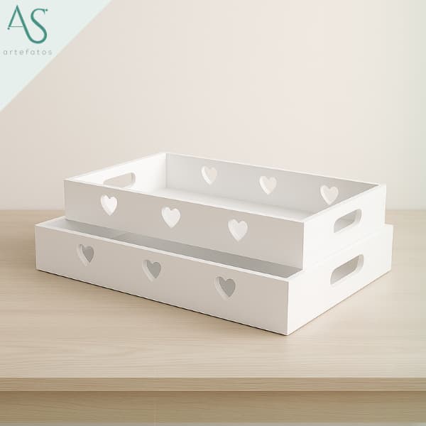 Kit Duas bandejas Corações P e M Em MDF Branco Decorações Casa