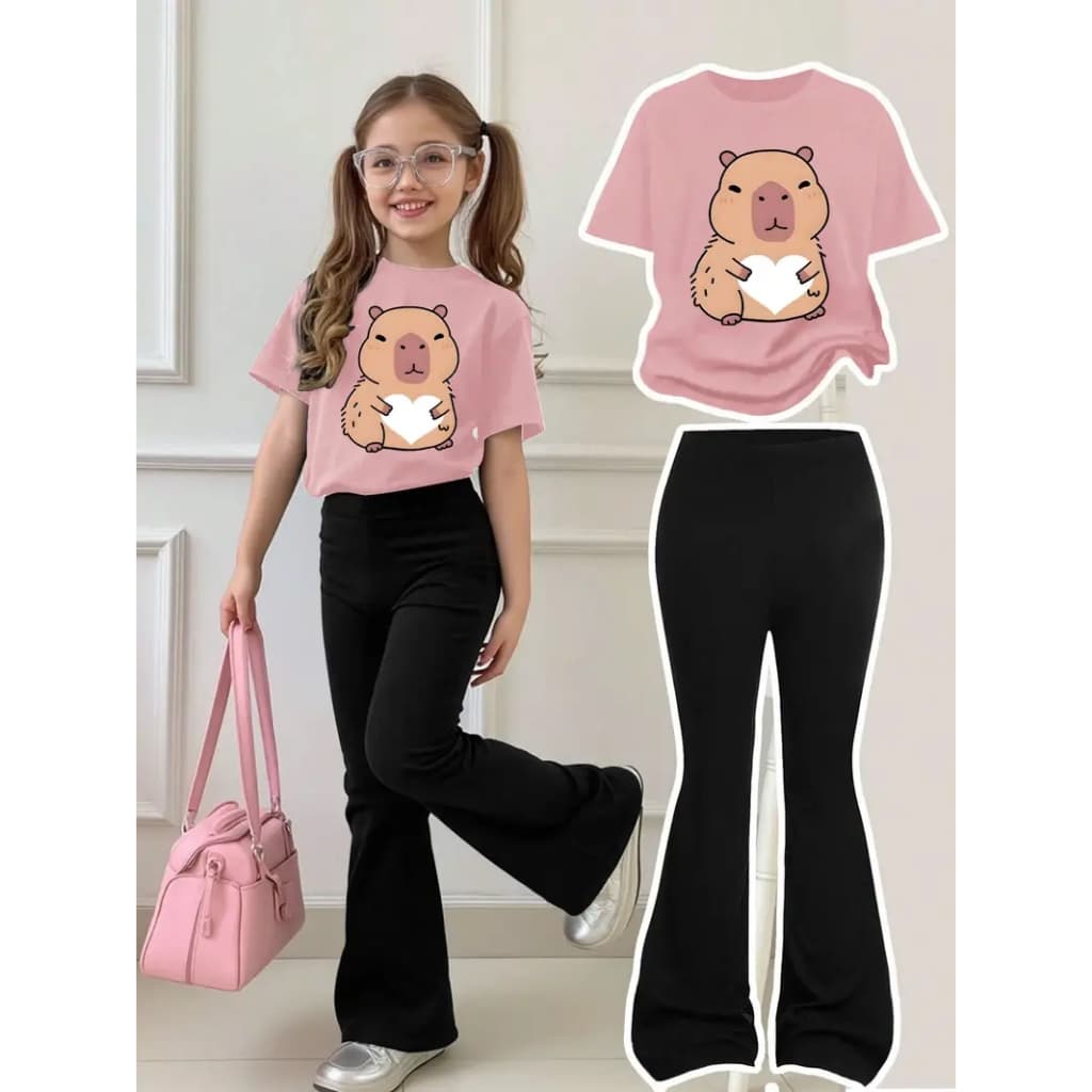 conjunto infantil memina calça flare+camiseta casual e fofa capybara oferta