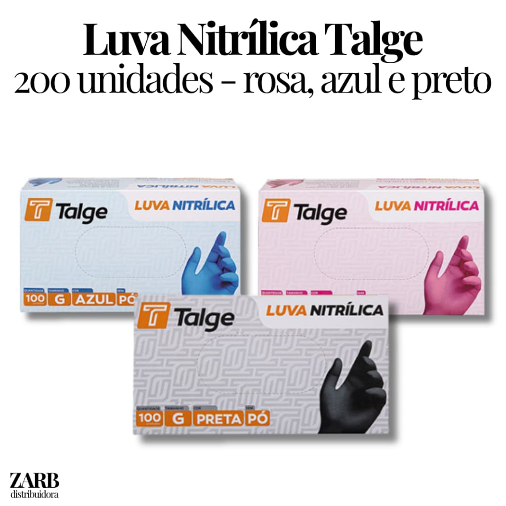 Kit 200 Luva Nitrílica Talge Sem Pó - Azul, Rosa e Preta | Tamanhos P, M e G