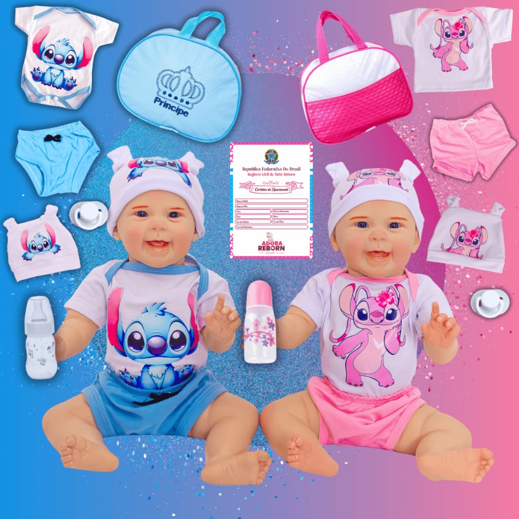 Gêmeos Bebê Reborn Boneca Realista Mayze Menina e Menino Silicone com Bolsa Maternidade.