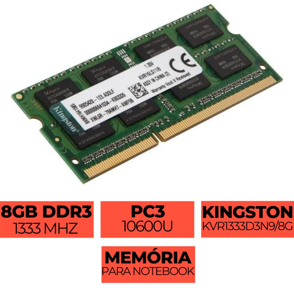 Memória KINGSTON 8GB DDR3 1333Mhz para Notebook KVR1333D3N9/8G SODIMM 1.35V