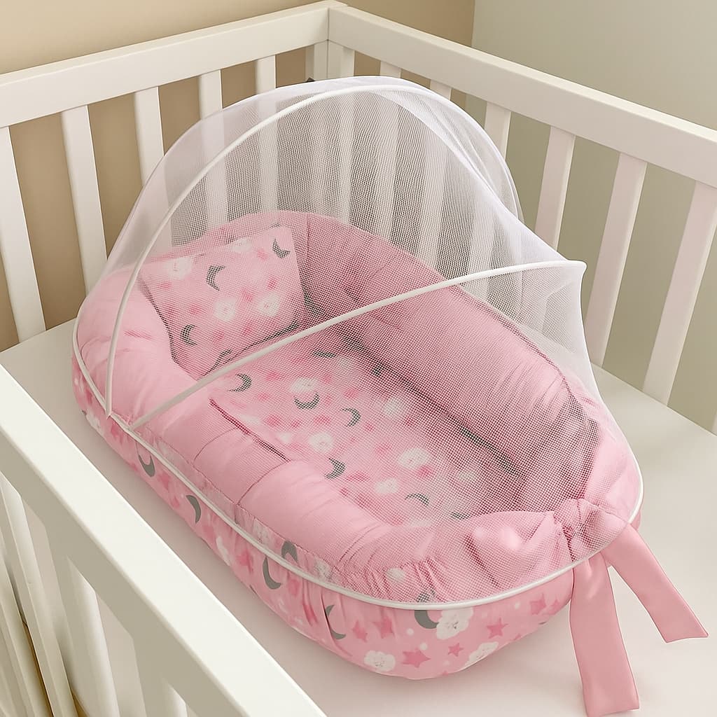 Ninho Redutor de Berço Para Bebe Mosquiteiro Portátil Kit 2 Peças Enxoval Menina Menino Rosa Azul