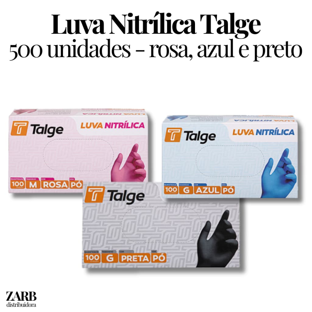 Kit 500 Luva Nitrílica Talge Sem Pó - Azul, Rosa e Preta | Tamanhos P, M e G