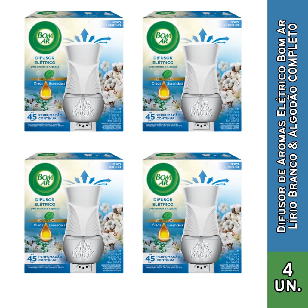 Difusor de Aromas Elétrico Bom Ar Lírio Branco & Algodão COMPLETO Escolha a Quantidade