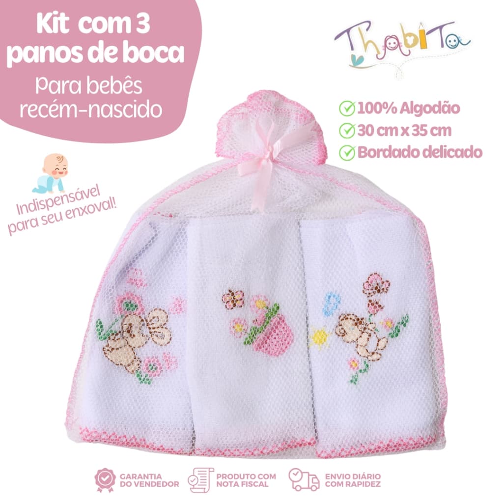 Kit 3 Panos de Boca Simples Bebê Recém-Nascido Estampa Sortida Indispensável para Enxoval Infantil