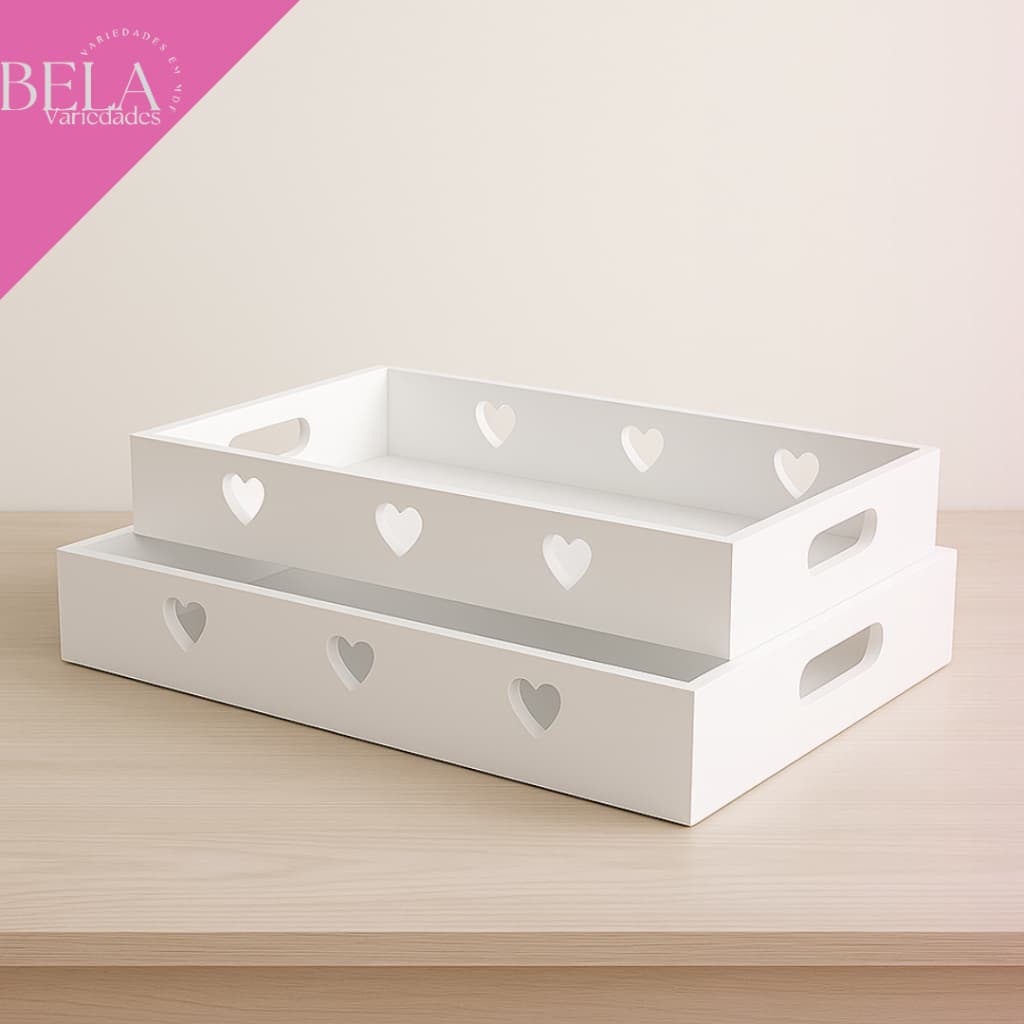 Kit 2 Bandejas P e M Corações Em MDF Branco