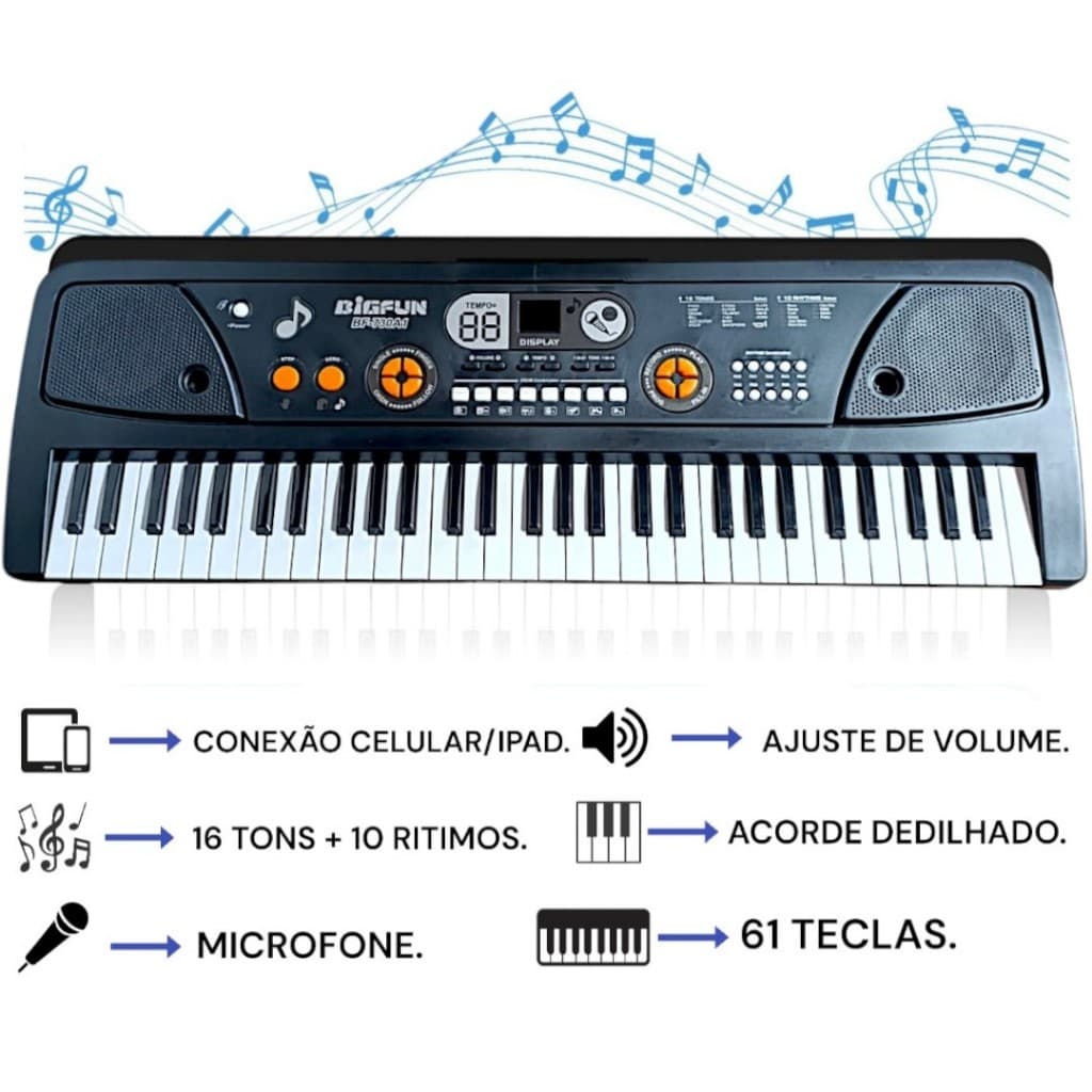 Piano Teclado 61 Teclas, Piano Elétrico com Microfone, Teclado de Música Digital Preto