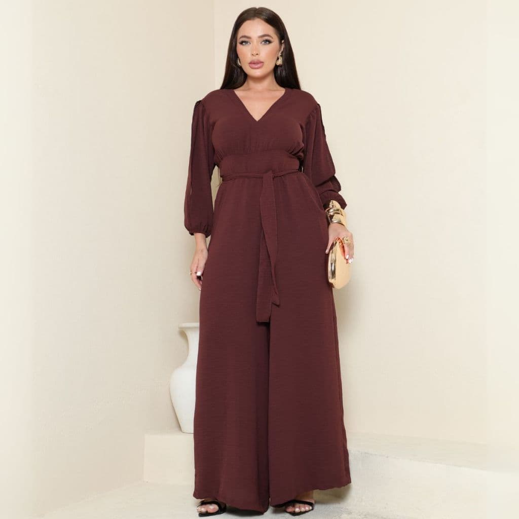 Macacão Pantalona Feminino Com Amarração Na Cintura Tecido Duna  Decote V E Manga Longa