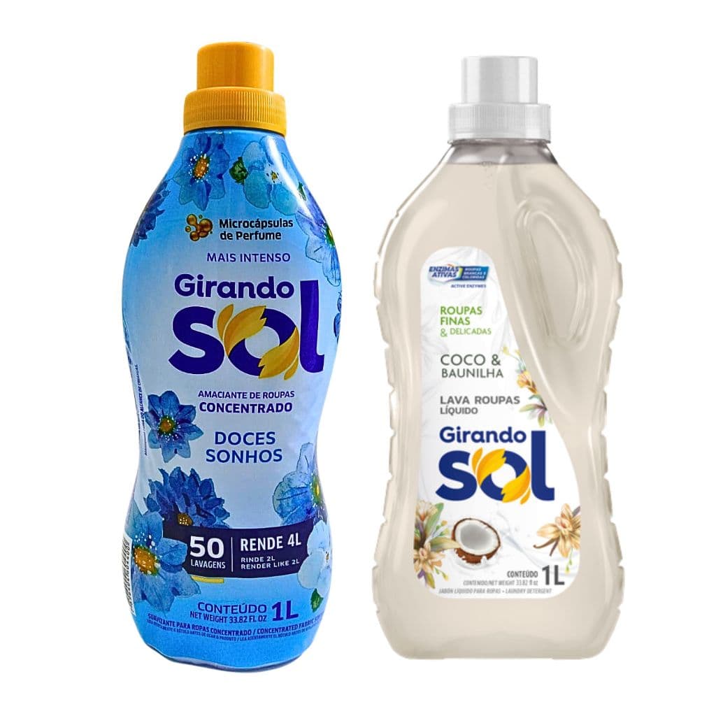 Kit Lava Roupas Sabão Líquido 1 Litro Coco Baunilha  + Amaciante Concentrado 1 Litro Doces Sonhos - Girando Sol