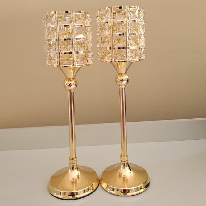 Porta Castiçal - Velas Dourado Com Cristal Elegante – 37cm