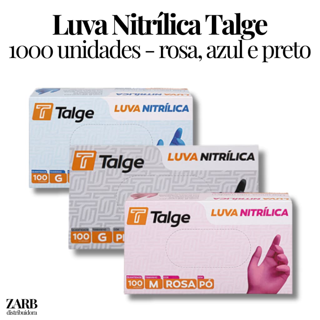 Kit 1000 Luva Nitrílica Talge Sem Pó - Azul, Rosa e Preta | Tamanhos P, M e G
