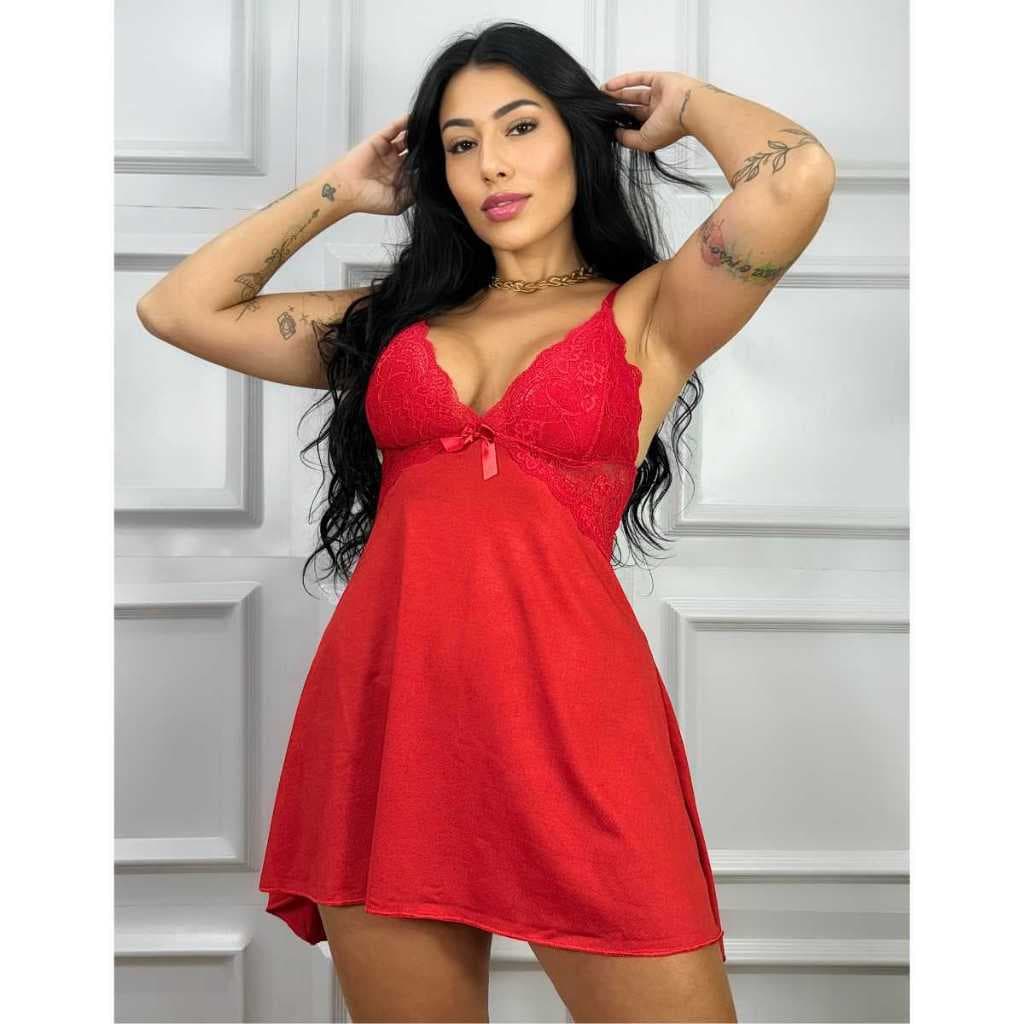 Camisola Com Calcinha Fio Dental Regulável Costas Abertas Renda Sensual Luxo Lingerie