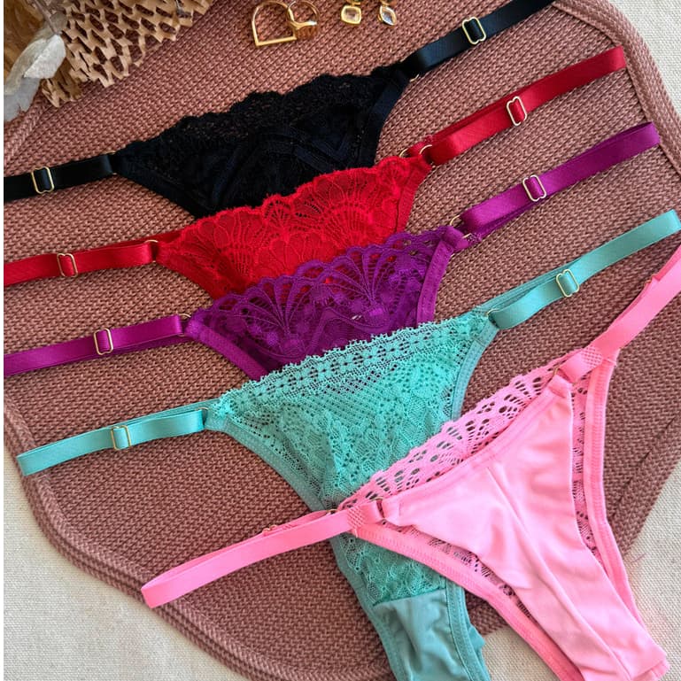 Kit 5 Calcinha Fio Duplo Empina Bumbum em Microfibra e Renda com Alças Regulaveis