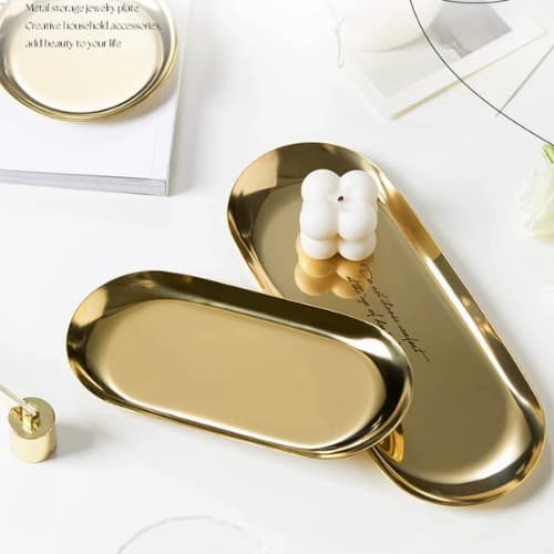 Bandeja decorativa de aço inoxidável de luxo para joias, alimentos e velas