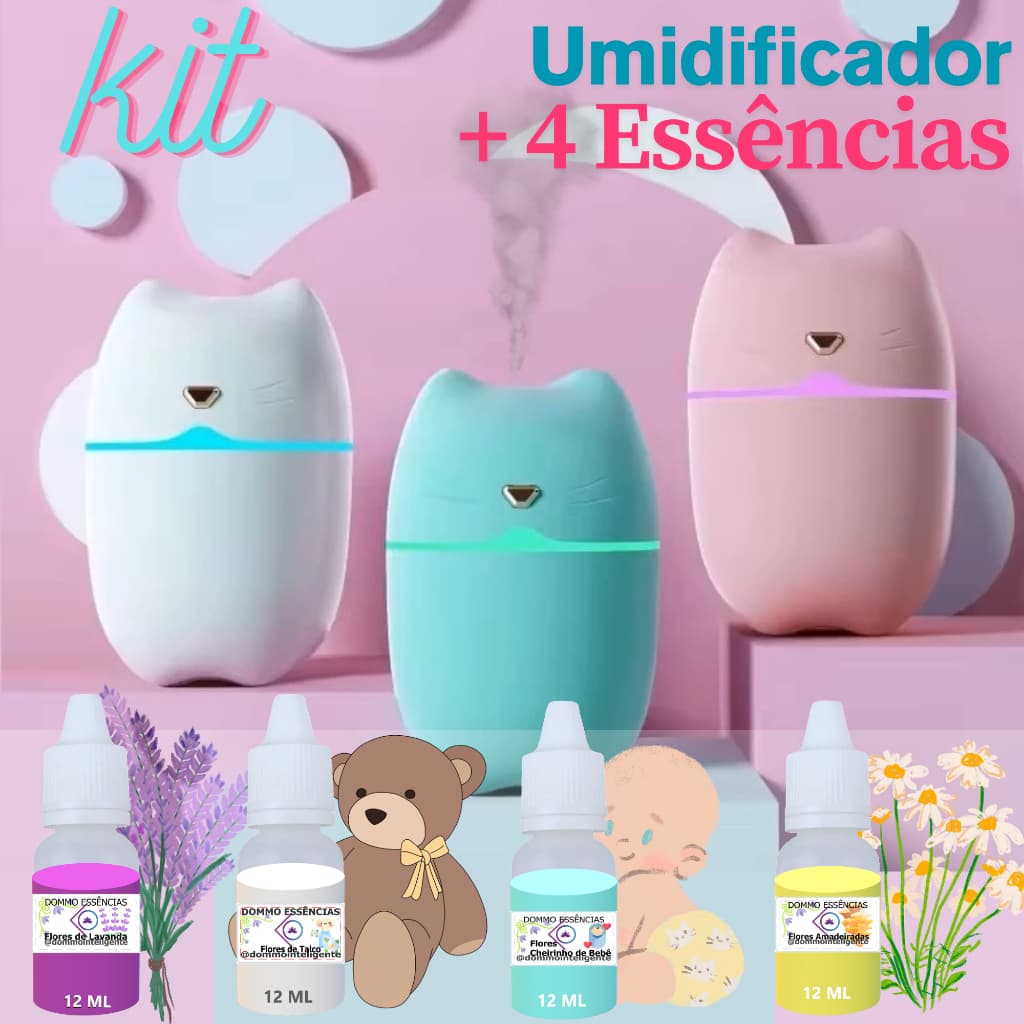 Umidificador Aromatizador até +4 Essências Hidrossolúvel Difusor Gatinho Minimalista 260ml L.T.CB.CA