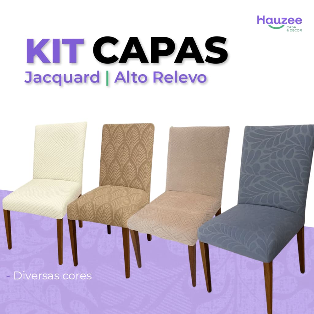 Kit Capa de Cadeira em Suede Jacquard Alto Relevo Vários Modelos e Cores - Tecido Premium Marrom Bege Branco Cinza
