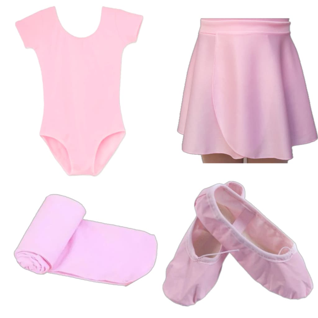 Kit Ballet Infantil Com 4 Itens: Collant Meia Manga + Saia Transpassada + Meia + Sapatilha