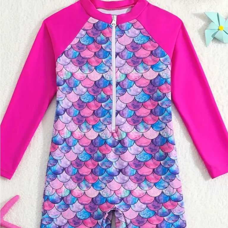 Maiô Infantil Macacão Feminino Manga Comprida C/ Zíper Moda Praia Proteção Solar 1 a 6 anos