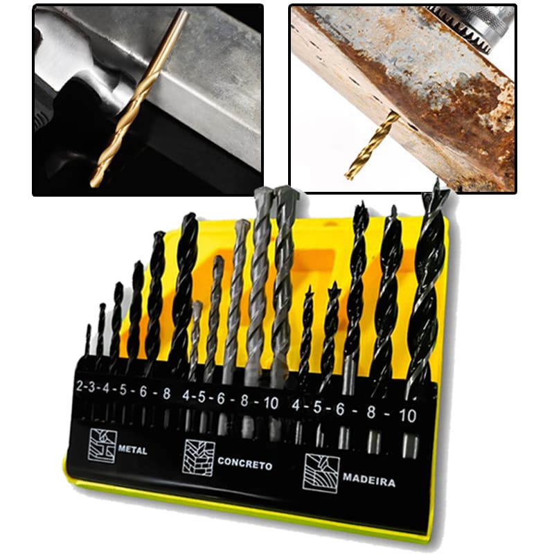 Jogo de Brocas 16 Peças Madeira Ferro Concreto Metal Para Furadeira e Parafusadeira