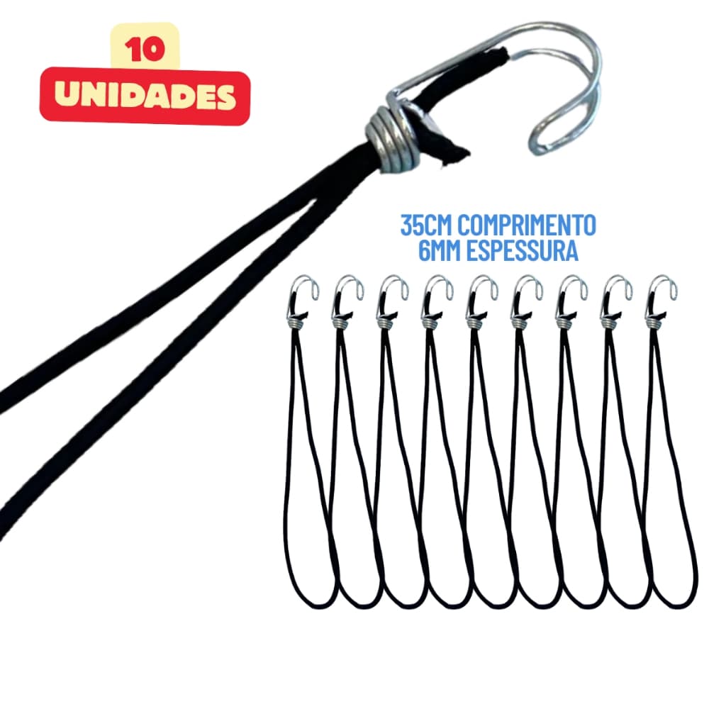 Kit 10 Cordas Elástico Bagageiro Extensor 35cm Gancho de Ferro Para Caminhão, Moto, Carro, Bicicleta