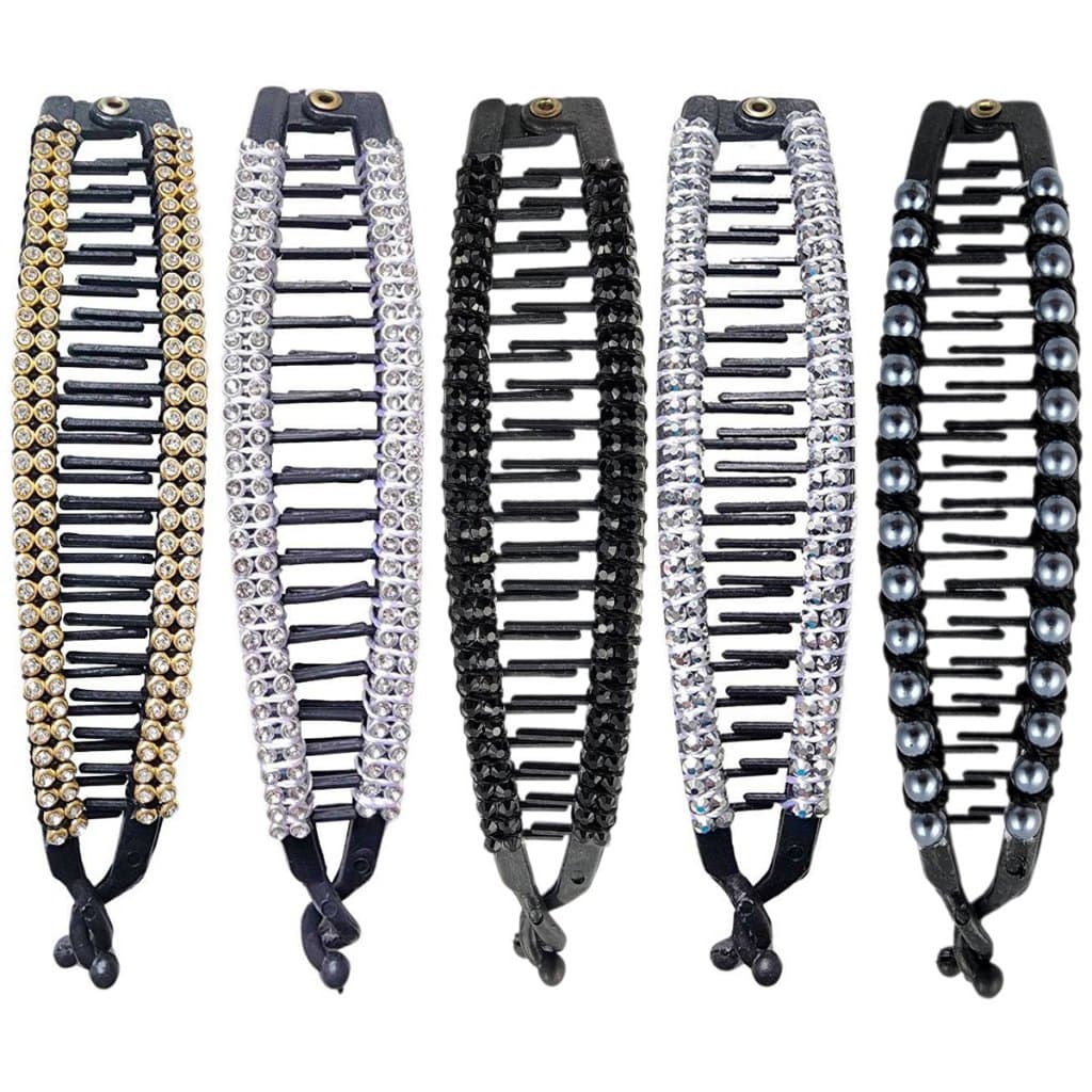 Kit Com 5 Prendedores Presilha De Cabelo Banana Com Pedra